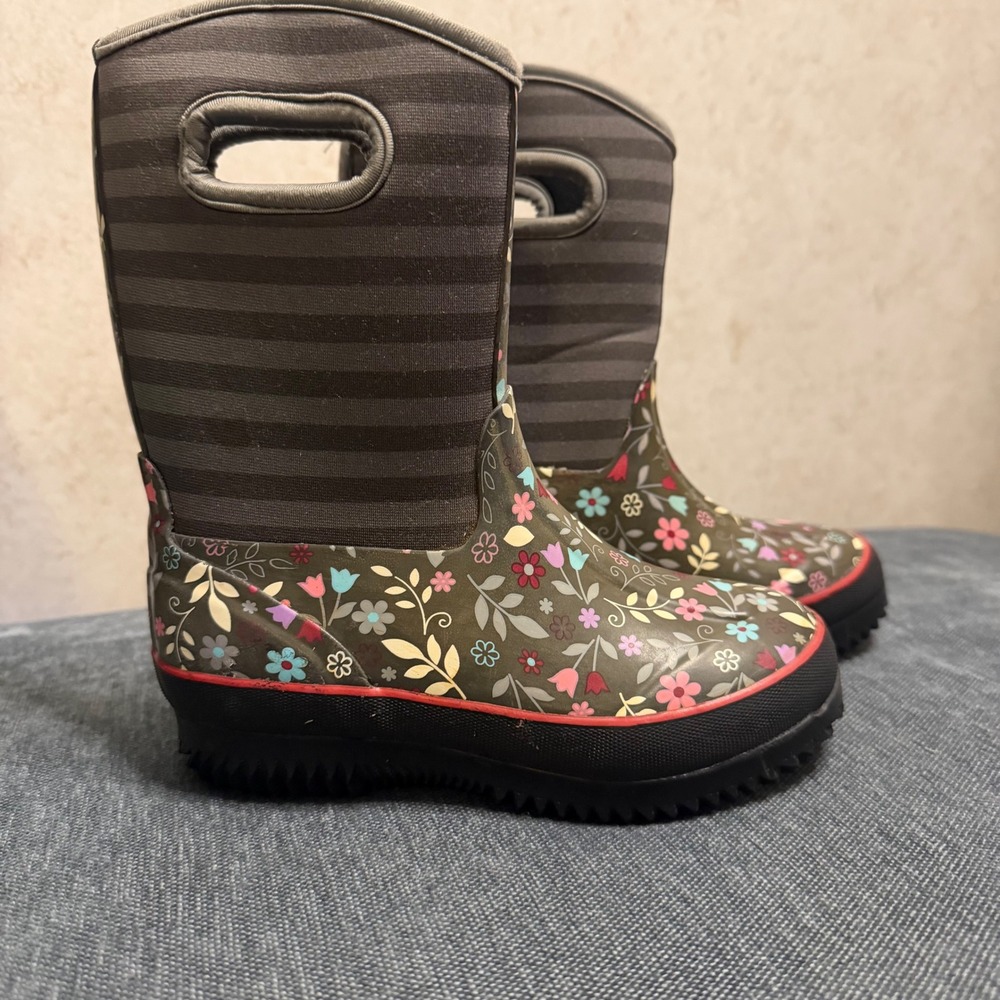 Kids Waterproof Floral Striped Rain Boots with Pull Handles Gray Pink Size 11